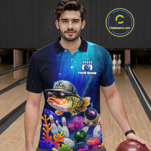 Load image into Gallery viewer, Man wearing an underwater-themed bowling polo featuring a fish mascot wearing sunglasses and a cap, colorful coral reefs, bowling pins, bowling balls, and custom your name text.