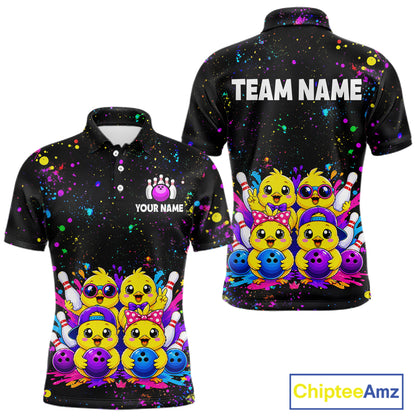 Front and back view personalized bowling polo shirt with cartoon chicks holding bowling balls, framed by pins and colorful paint patterns on a black layout.