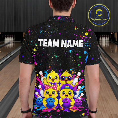 Men wearing personalized bowling polo shirt with cartoon chicks holding bowling balls, framed by pins and colorful paint patterns on a black layout.