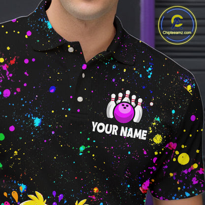 Personalized bowling polo shirt with cartoon chicks holding bowling balls, framed by pins and colorful paint patterns on a black layout.