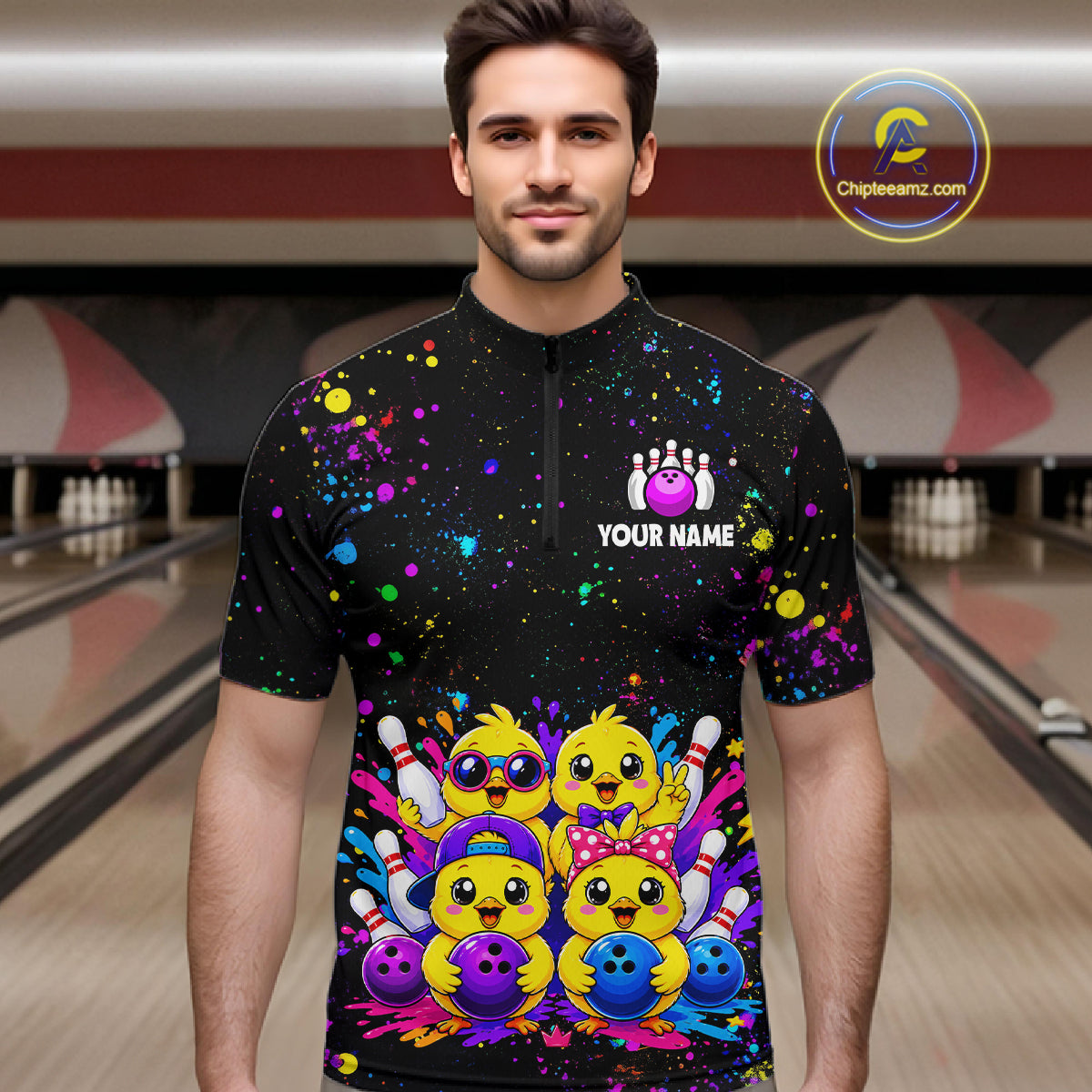 Men wearing personalized bowling quarter zip shirt with cartoon chicks holding bowling balls, framed by pins and colorful paint patterns on a black layout.