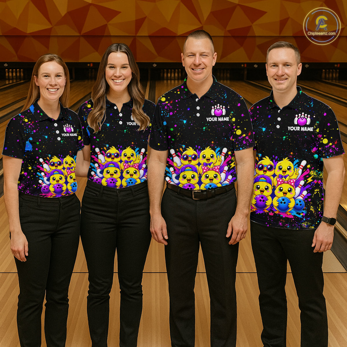 Four people wearing personalized bowling polo shirt with cartoon chicks holding bowling balls, framed by pins and colorful paint patterns on a black layout.