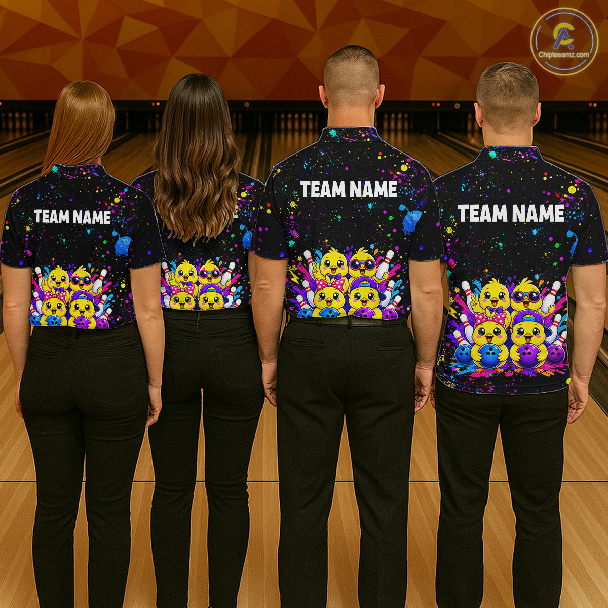 Four people wearing personalized bowling polo shirt with cartoon chicks holding bowling balls, framed by pins and colorful paint patterns on a black layout.