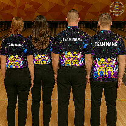 Four people wearing personalized bowling polo shirt with cartoon chicks holding bowling balls, framed by pins and colorful paint patterns on a black layout.
