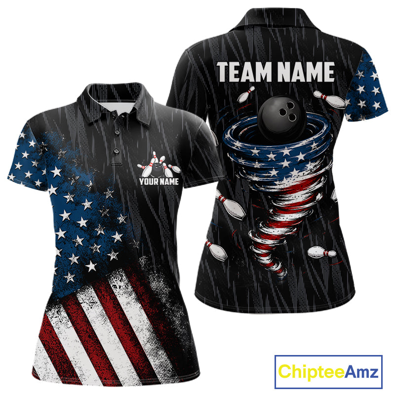 Custom Grunge US Flag Tornado Bowling Jersey for Women Bowling Team Shirts Polo & 1/4 Zip HNT487