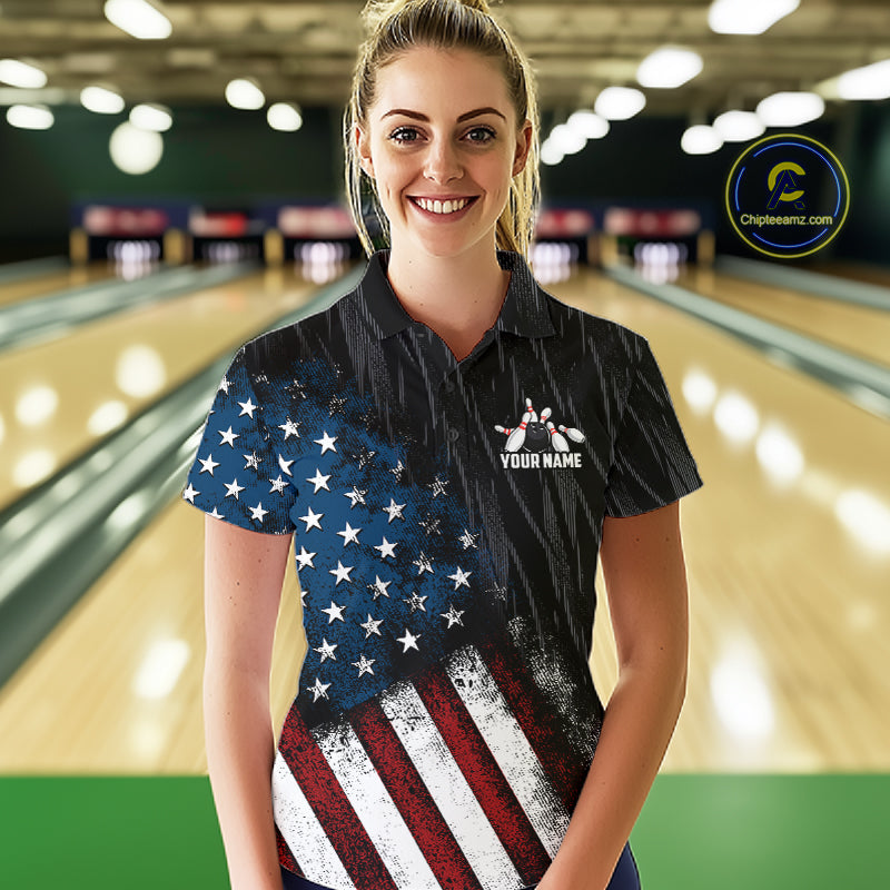 Custom Grunge US Flag Tornado Bowling Jersey for Women Bowling Team Shirts Polo & 1/4 Zip HNT487