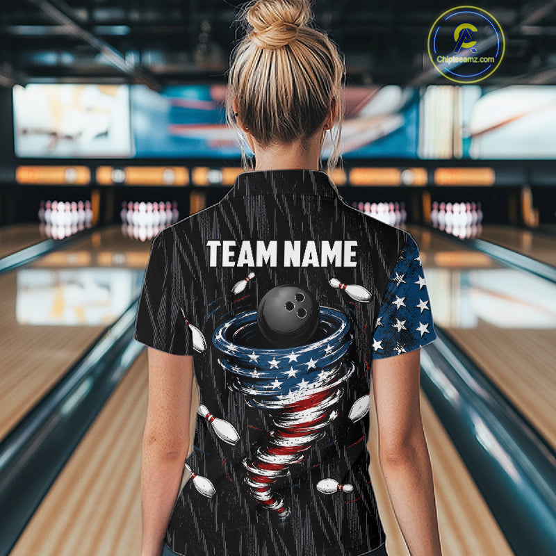Custom Grunge US Flag Tornado Bowling Jersey for Women Bowling Team Shirts Polo & 1/4 Zip HNT487