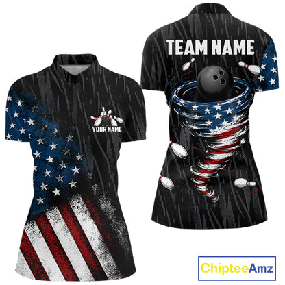 Custom Grunge US Flag Tornado Bowling Jersey for Women Bowling Team Shirts Polo & 1/4 Zip HNT487