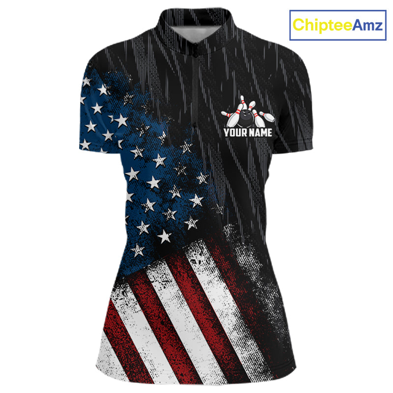 Custom Grunge US Flag Tornado Bowling Jersey for Women Bowling Team Shirts Polo & 1/4 Zip HNT487