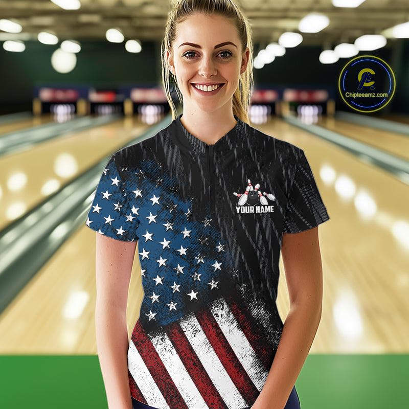 Custom Grunge US Flag Tornado Bowling Jersey for Women Bowling Team Shirts Polo & 1/4 Zip HNT487