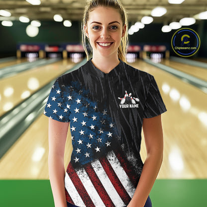 Custom Grunge US Flag Tornado Bowling Jersey for Women Bowling Team Shirts Polo & 1/4 Zip HNT487