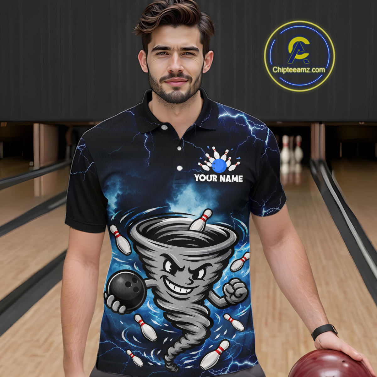 Custom Blue Thunder Lightning Tornado Bowling Jersey for Men Bowling Team Shirts Polo & 1/4 Zip HNT477