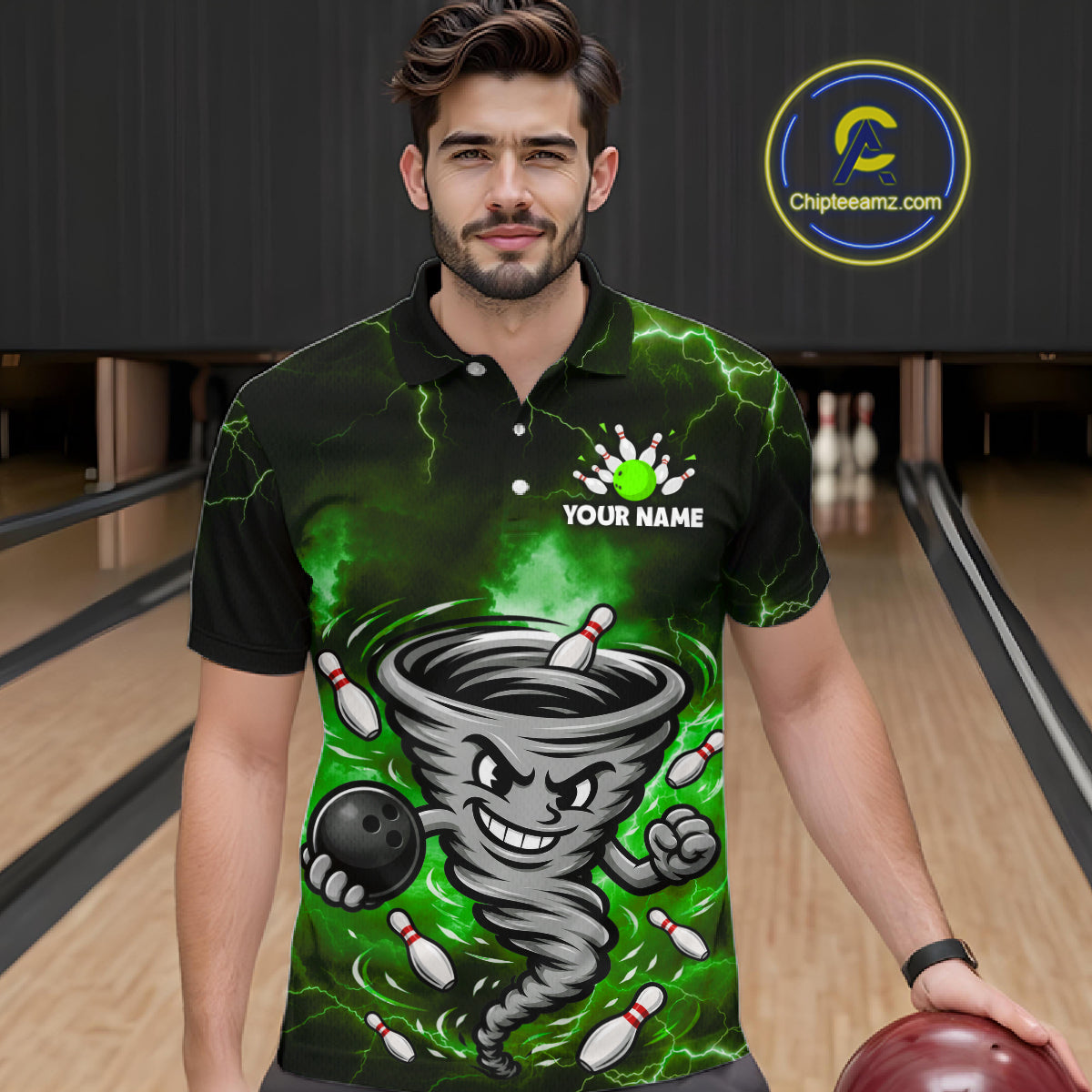 Custom Green Thunder Lightning Tornado Bowling Jersey for Men Bowling Team Shirts Polo & 1/4 Zip HNT477