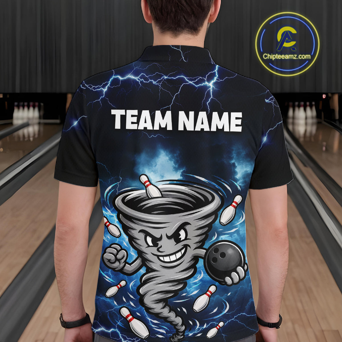Custom Blue Thunder Lightning Tornado Bowling Jersey for Men Bowling Team Shirts Polo & 1/4 Zip HNT477