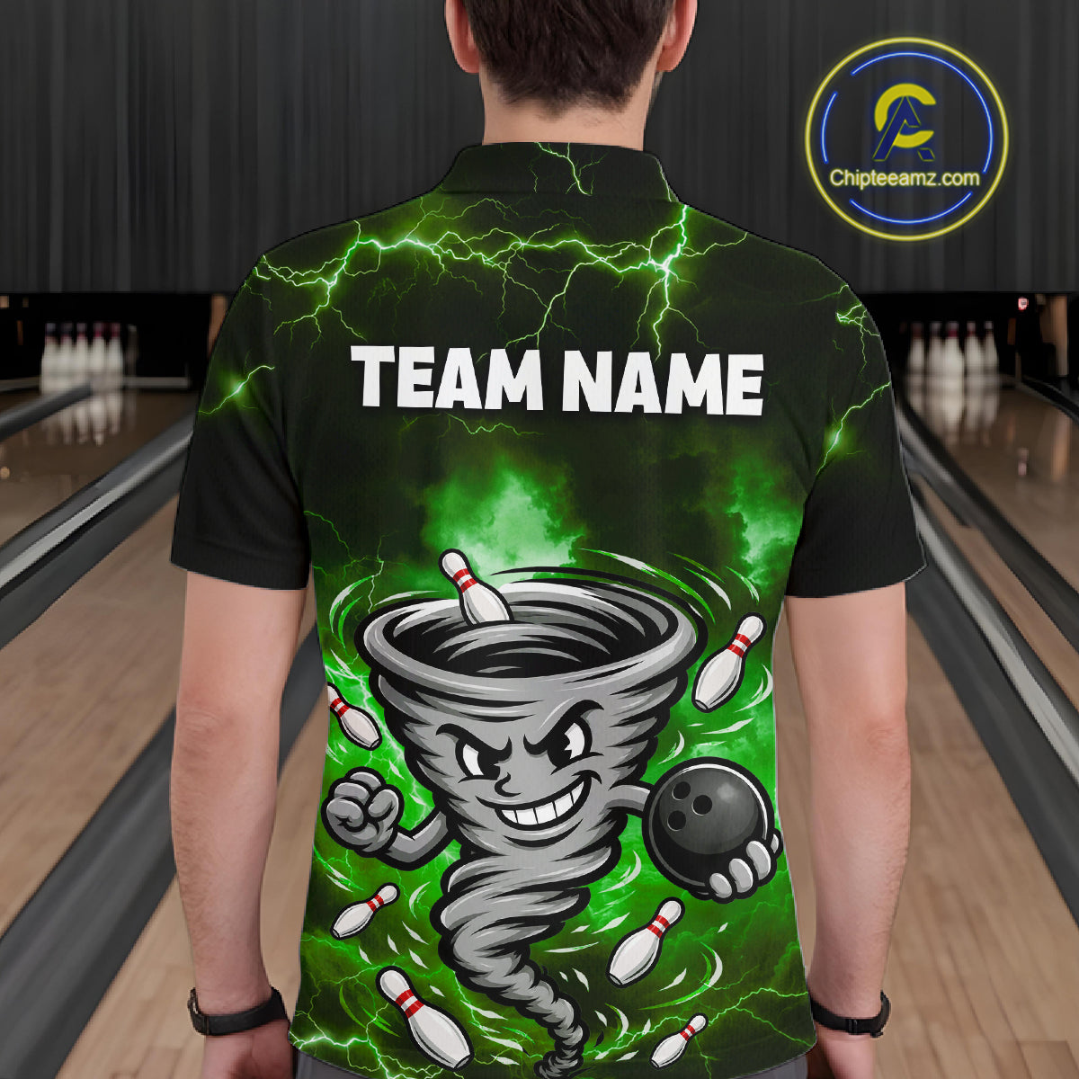 Custom Green Thunder Lightning Tornado Bowling Jersey for Men Bowling Team Shirts Polo & 1/4 Zip HNT477