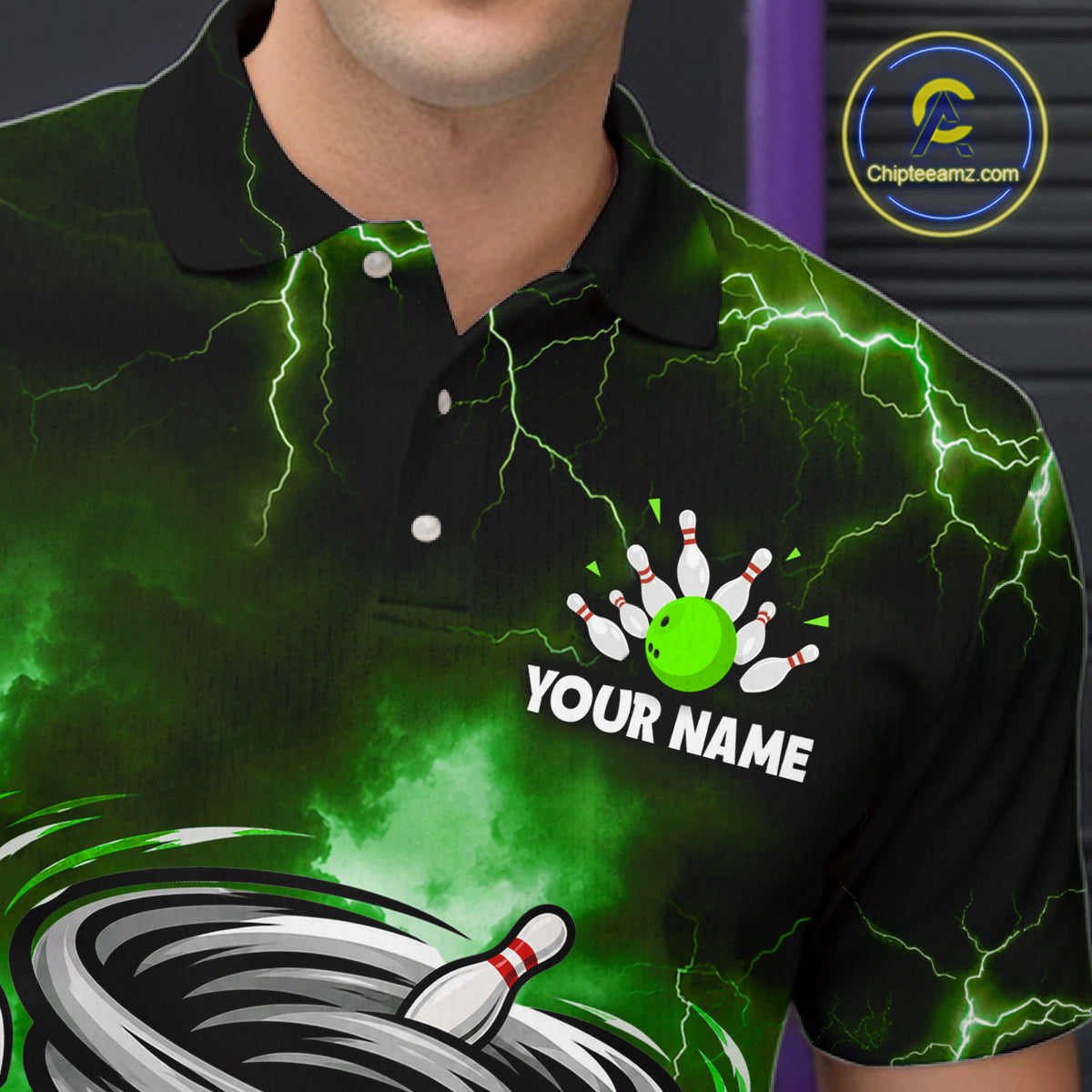 Custom Green Thunder Lightning Tornado Bowling Jersey for Men Bowling Team Shirts Polo & 1/4 Zip HNT477