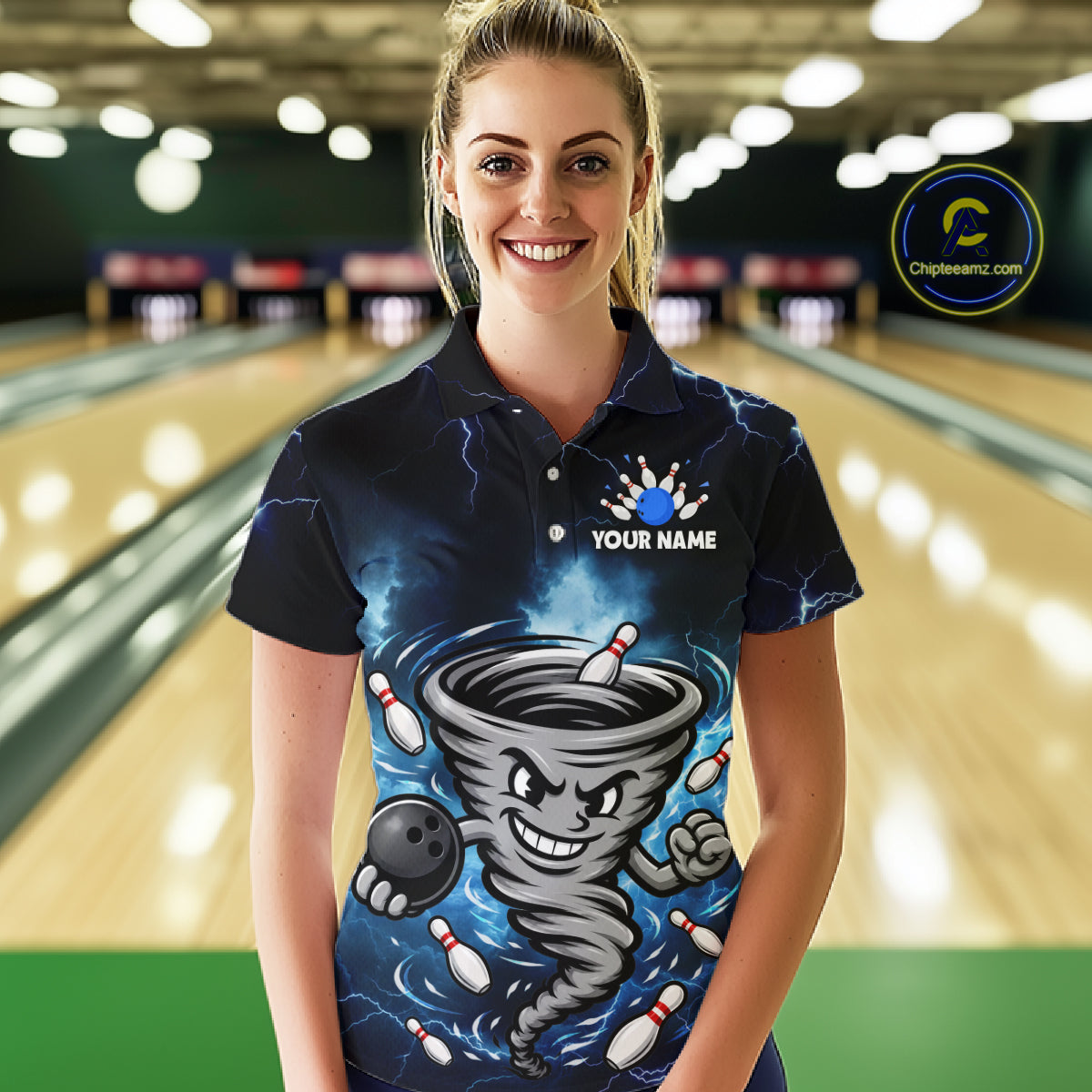 Custom Blue Thunder Lightning Tornado Bowling Jersey for Women Bowling Team Shirts Polo & 1/4 Zip HNT477