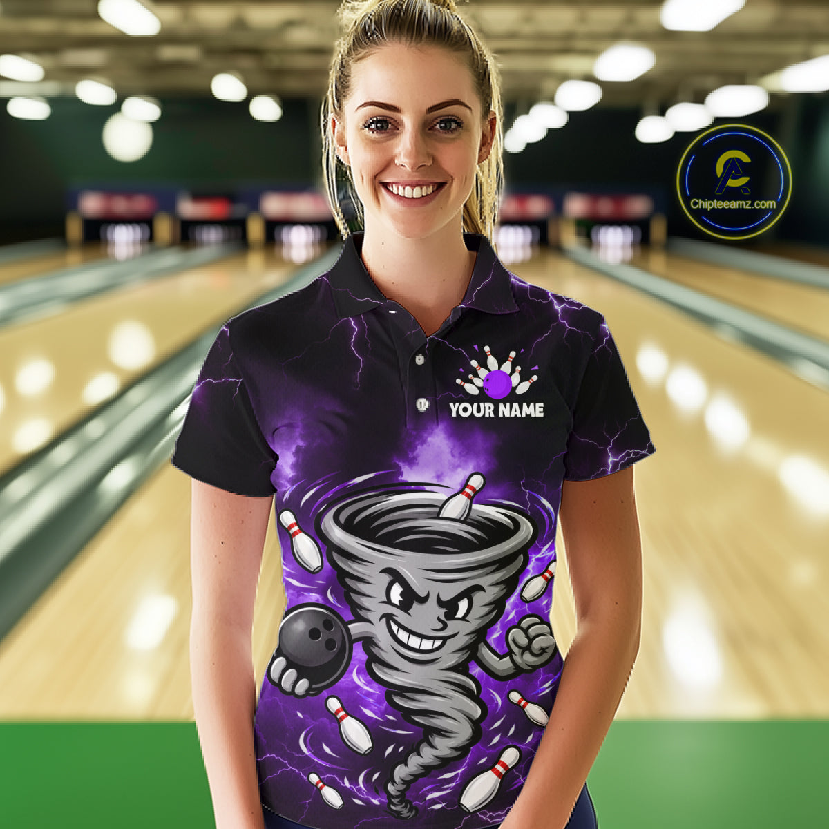 Custom Purple Thunder Lightning Tornado Bowling Jersey for Women Bowling Team Shirts Polo & 1/4 Zip HNT477