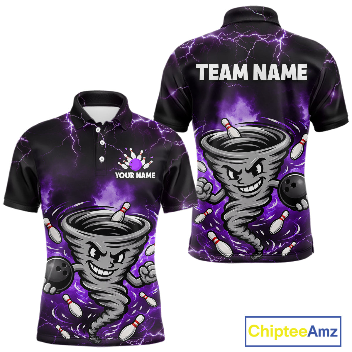 Custom Purple Thunder Lightning Tornado Bowling Jersey for Men Bowling Team Shirts Polo & 1/4 Zip HNT477