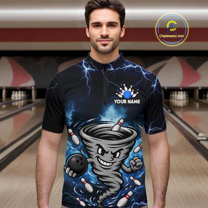 Custom Blue Thunder Lightning Tornado Bowling Jersey for Men Bowling Team Shirts Polo & 1/4 Zip HNT477