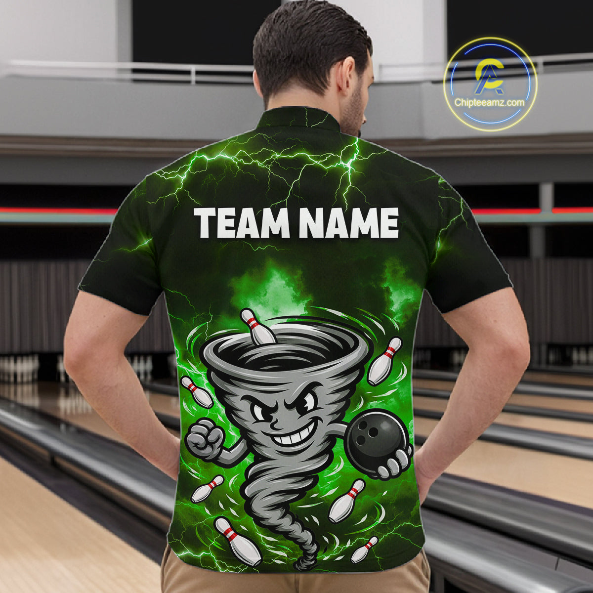 Custom Green Thunder Lightning Tornado Bowling Jersey for Men Bowling Team Shirts Polo & 1/4 Zip HNT477