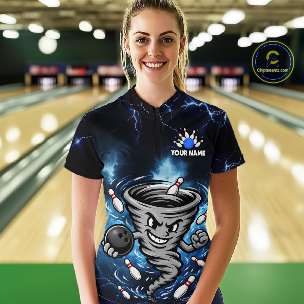 Custom Blue Thunder Lightning Tornado Bowling Jersey for Women Bowling Team Shirts Polo & 1/4 Zip HNT477