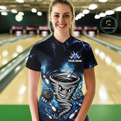Custom Blue Thunder Lightning Tornado Bowling Jersey for Women Bowling Team Shirts Polo & 1/4 Zip HNT477