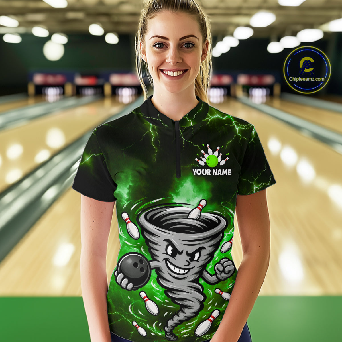 Custom Green Thunder Lightning Tornado Bowling Jersey for Women Bowling Team Shirts Polo & 1/4 Zip HNT477