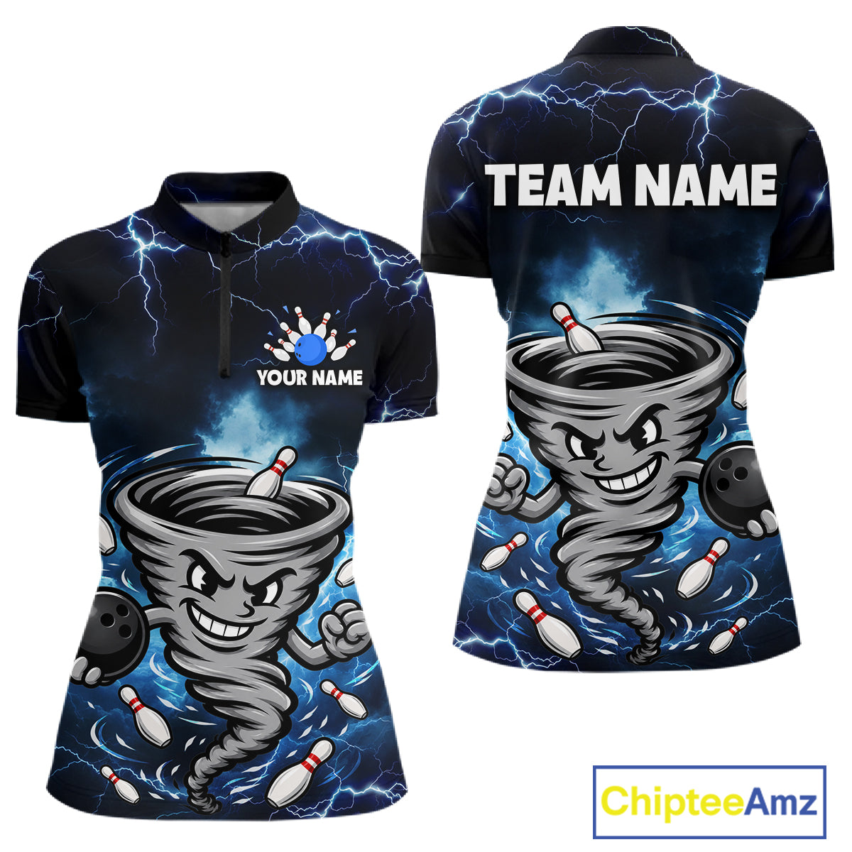 Custom Blue Thunder Lightning Tornado Bowling Jersey for Women Bowling Team Shirts Polo & 1/4 Zip HNT477