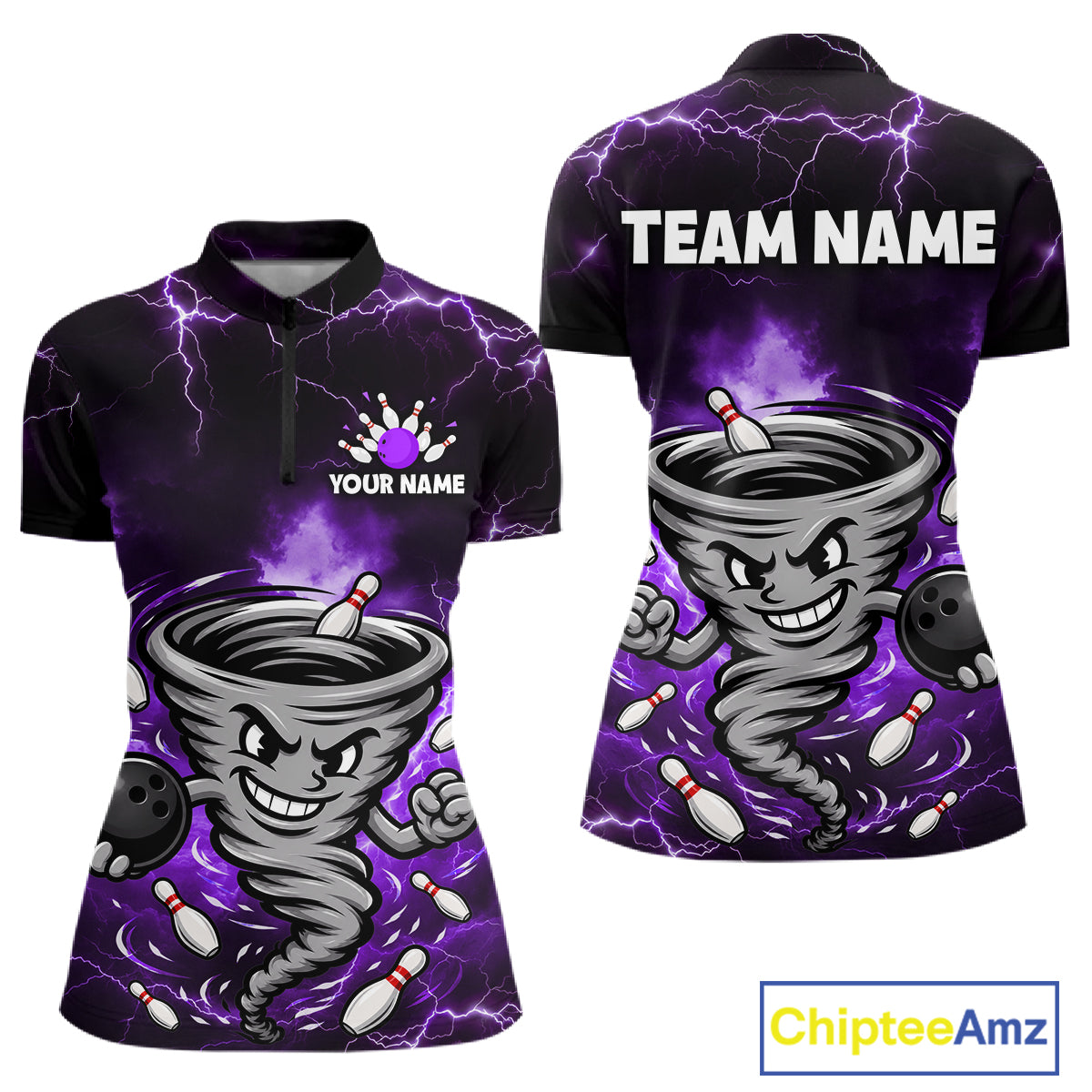 Custom Purple Thunder Lightning Tornado Bowling Jersey for Women Bowling Team Shirts Polo & 1/4 Zip HNT477