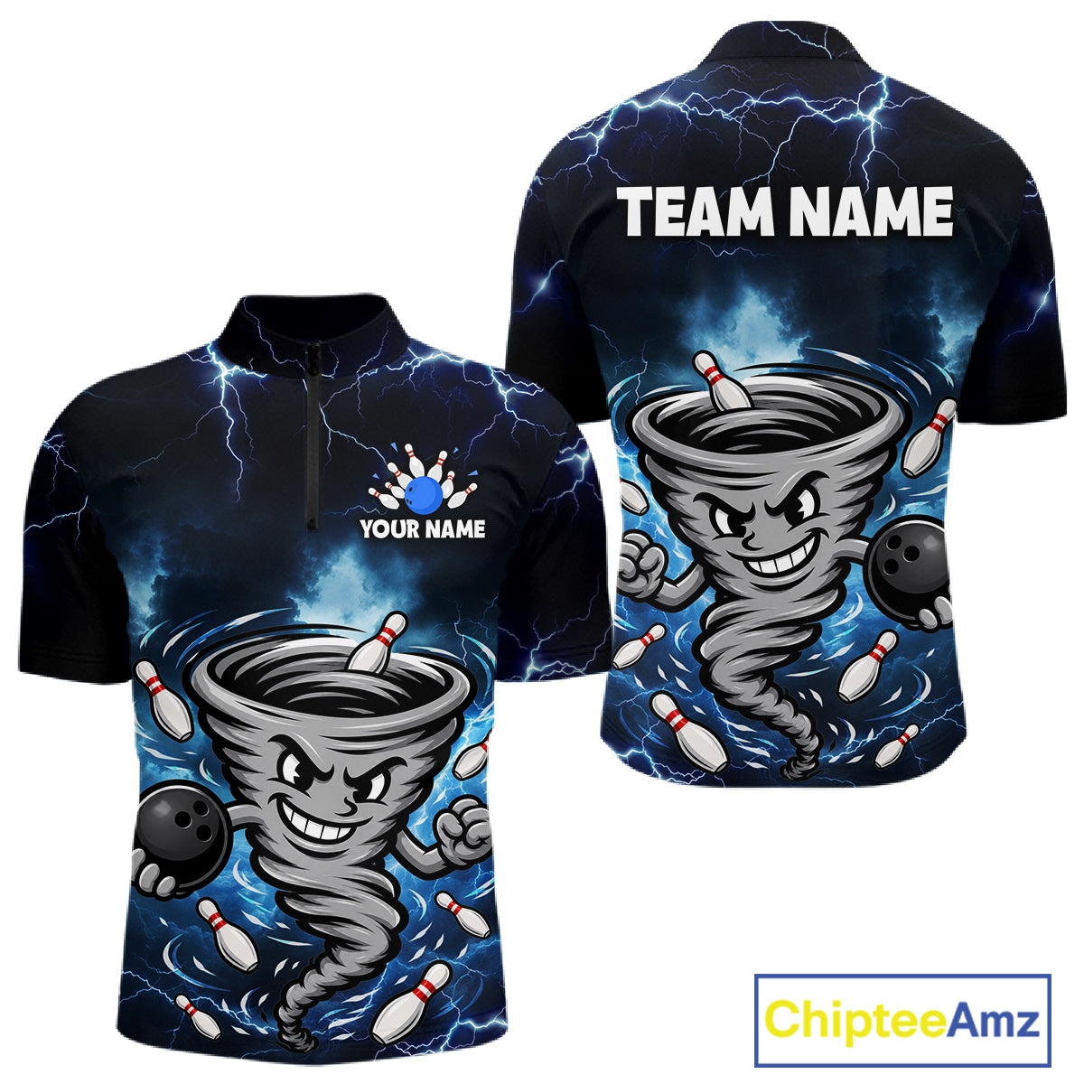 Custom Blue Thunder Lightning Tornado Bowling Jersey for Men Bowling Team Shirts Polo & 1/4 Zip HNT477