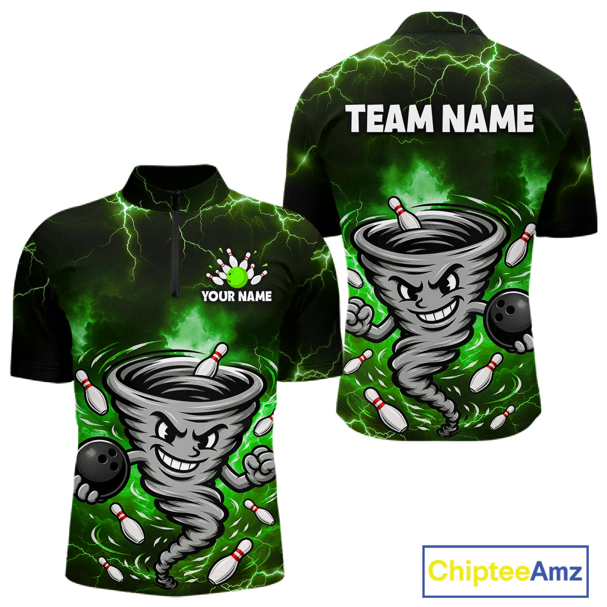 Custom Green Thunder Lightning Tornado Bowling Jersey for Men Bowling Team Shirts Polo & 1/4 Zip HNT477