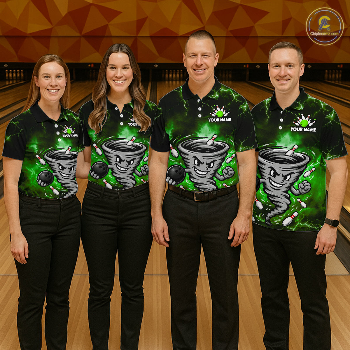 Custom Green Thunder Lightning Tornado Bowling Jersey for Women Bowling Team Shirts Polo & 1/4 Zip HNT477