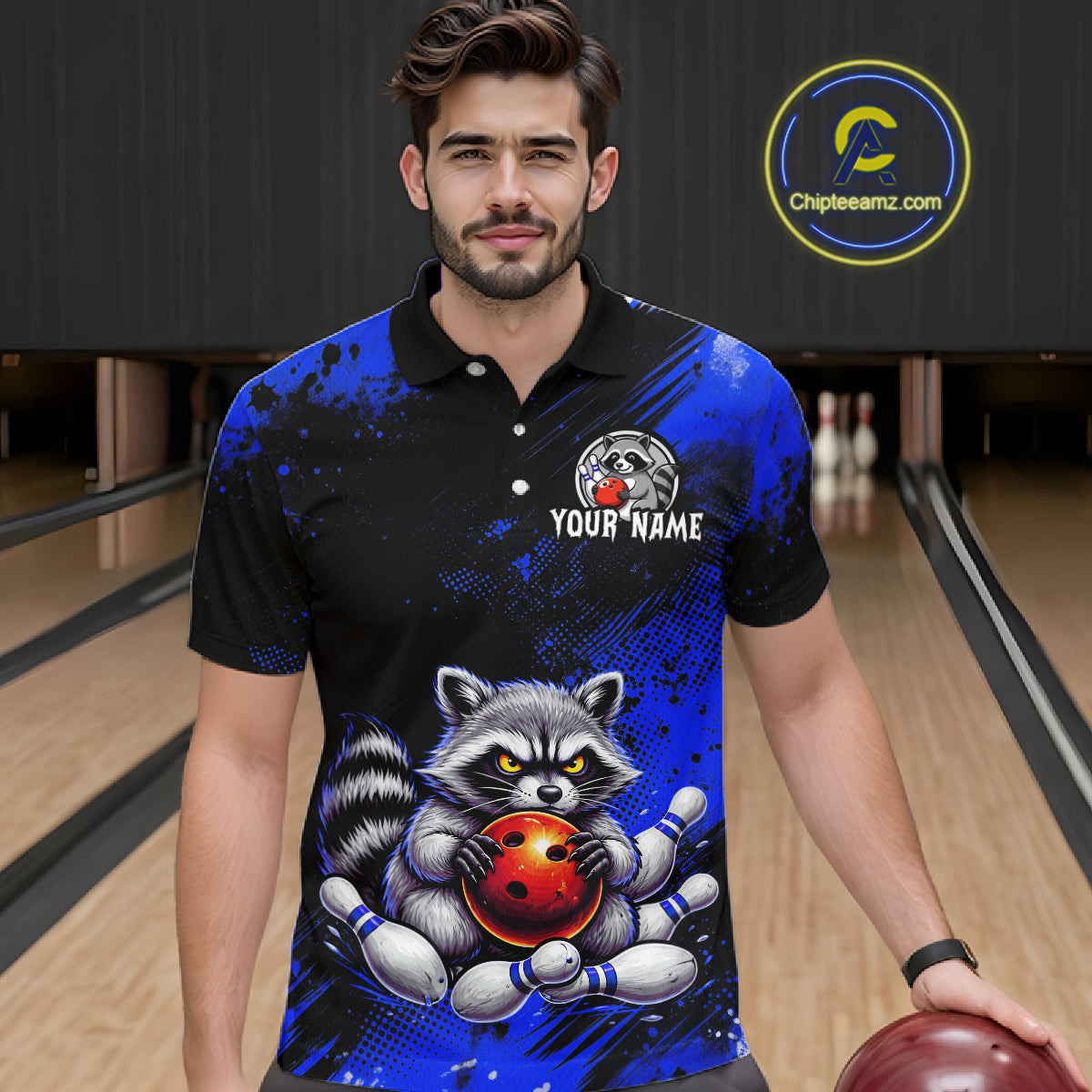 Blue Funny Raccoon Custom Bowling Jersey for Men Bowling Team Shirts Bowling Polo & 1/4 Zip HNT489