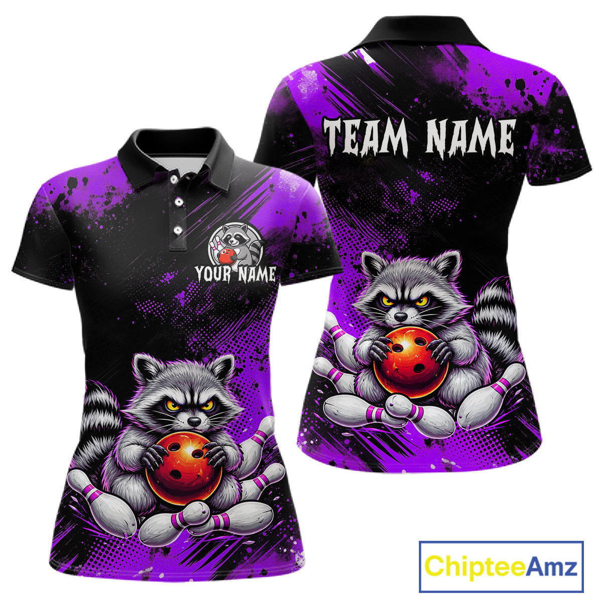 Purple Funny Raccoon Custom Bowling Jersey for Women Bowling Team Shirts Bowling League Polo & 1/4 Zip HNT489