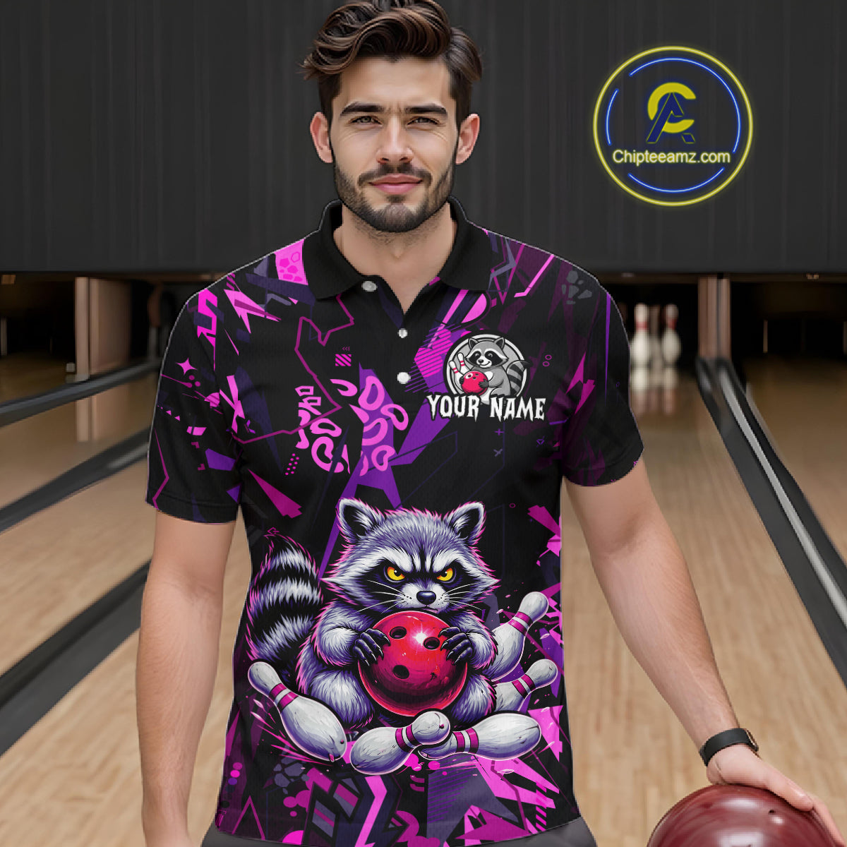 Custom Funny Raccoon Bowling Jersey for Men Bowling Team Shirts Bowling League Polo & 1/4 Zip HNT478