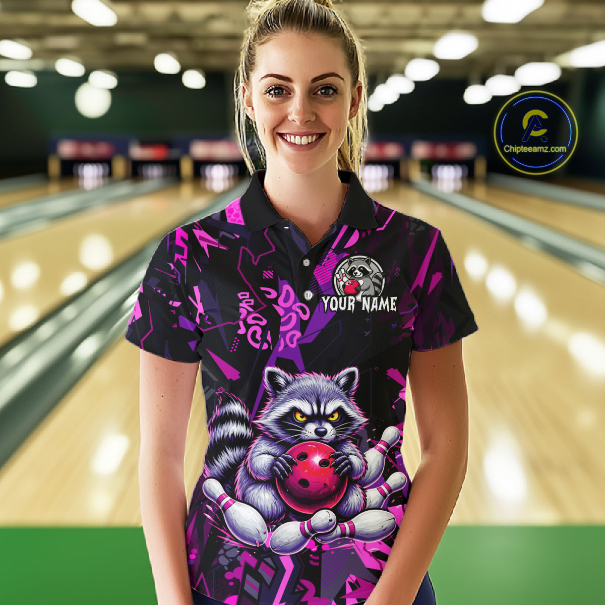 Custom Funny Raccoon Bowling Jersey for Women Bowling Team Shirts Bowling League Polo & 1/4 Zip HNT478