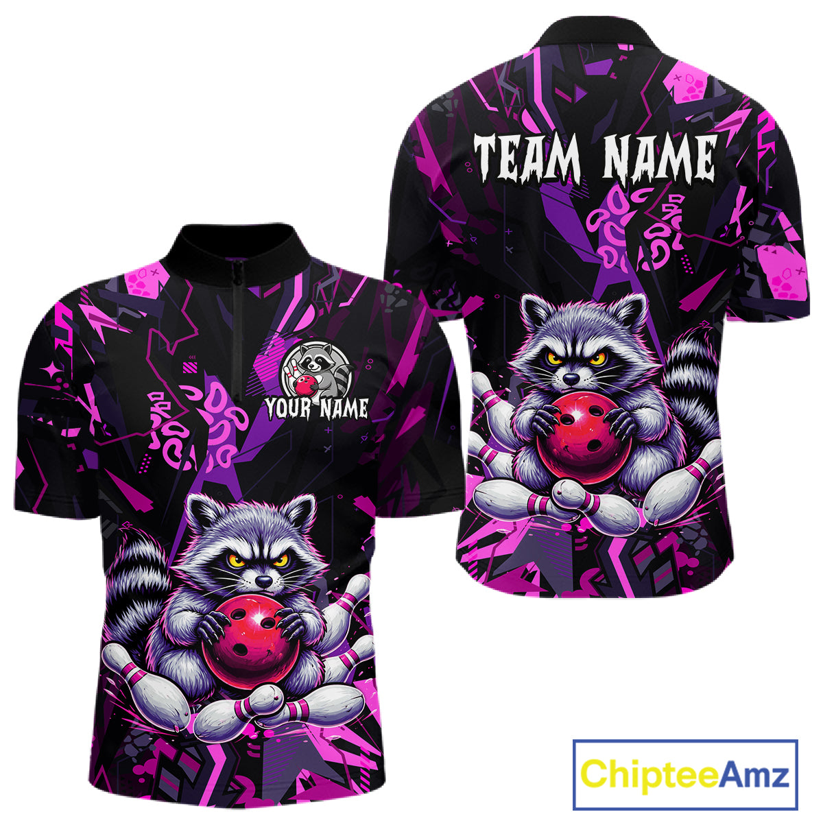 Custom Funny Raccoon Bowling Jersey for Men Bowling Team Shirts Bowling League Polo & 1/4 Zip HNT478