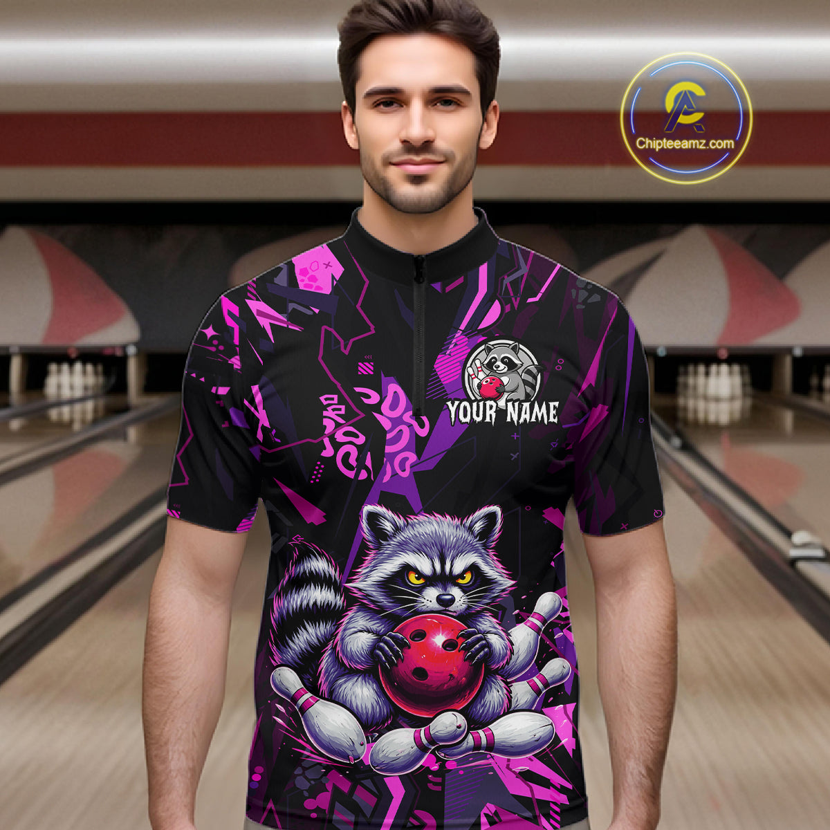 Custom Funny Raccoon Bowling Jersey for Men Bowling Team Shirts Bowling League Polo & 1/4 Zip HNT478