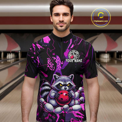Custom Funny Raccoon Bowling Jersey for Men Bowling Team Shirts Bowling League Polo & 1/4 Zip HNT478