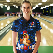Load image into Gallery viewer, Woman wearing a blue and black bowling polo shirt featuring a cool rooster mascot wearing sunglasses, a red bowling ball, bowling pins, and custom your name text.