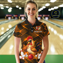 Load image into Gallery viewer, Woman wearing a orange and black bowling polo shirt featuring a cool rooster mascot wearing sunglasses, a red bowling ball, bowling pins, and custom your name text.