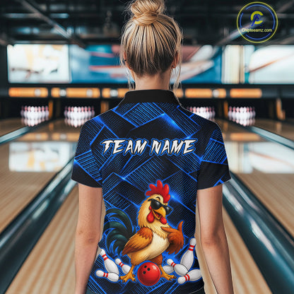 Woman wearing a blue and black bowling polo shirt featuring a cool rooster mascot wearing sunglasses, a red bowling ball, bowling pins, and custom team name text.