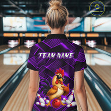 Load image into Gallery viewer, Woman wearing a purple and black bowling quarter zip shirt featuring a cool rooster mascot wearing sunglasses, a red bowling ball, bowling pins, and custom team name text.