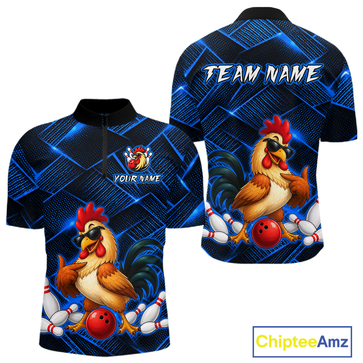 Front and back views of a blue and black bowling quarter zip shirt featuring a cool rooster mascot wearing sunglasses, a red bowling ball, bowling pins, and custom team text.