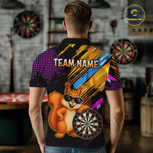 Load image into Gallery viewer, Person wearing a colorful shirt with a cartoon squirrel holding a dartboard in a room with dartboards on the wall.