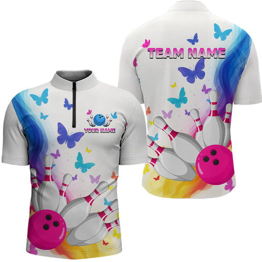 Custom Colorful Butterfly Bowling Jersey for Men Bowling Team Shirts Bowling League Polo & 1/4 Zip HNT173