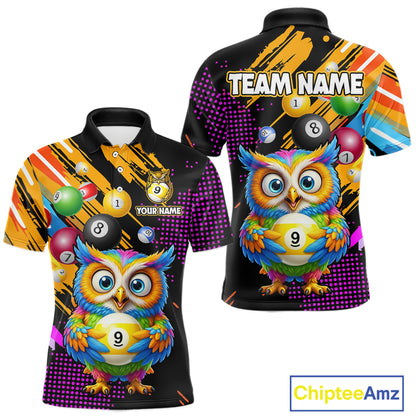 Custom Funny Colorful Owl 9 Ball Pool Billiard Shirt for Men Billiard Team Jersey Polo & 1/4 Zip NNT156