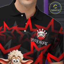 Load image into Gallery viewer, Black polo shirt with red and white pattern and cartoon character, featuring a brand logo and text.