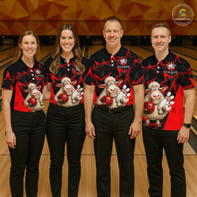 Load image into Gallery viewer, Four people wearing matching bowling shirts with cartoon sheep designs on a bowling alley background.